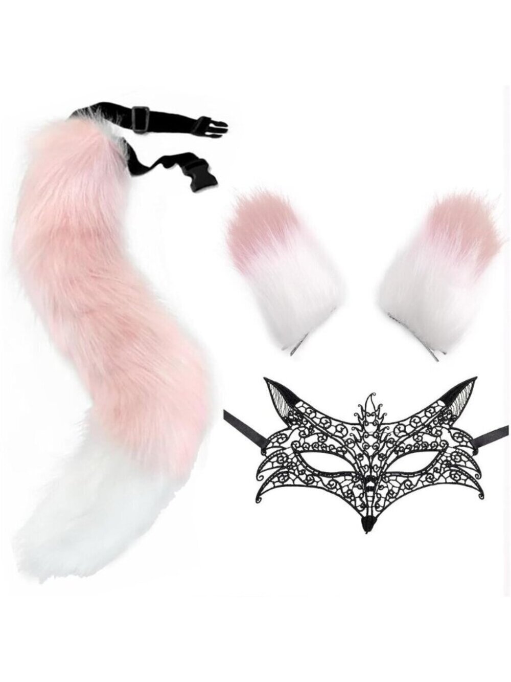 🆕 Women Pink Wolf Mask Faux Fur Ears Headband Hair Clips Cosplay Party Costume